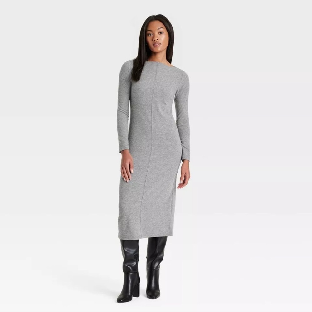 Women's Long Sleeve Knit Midi Shift Dress - A New Day Gray